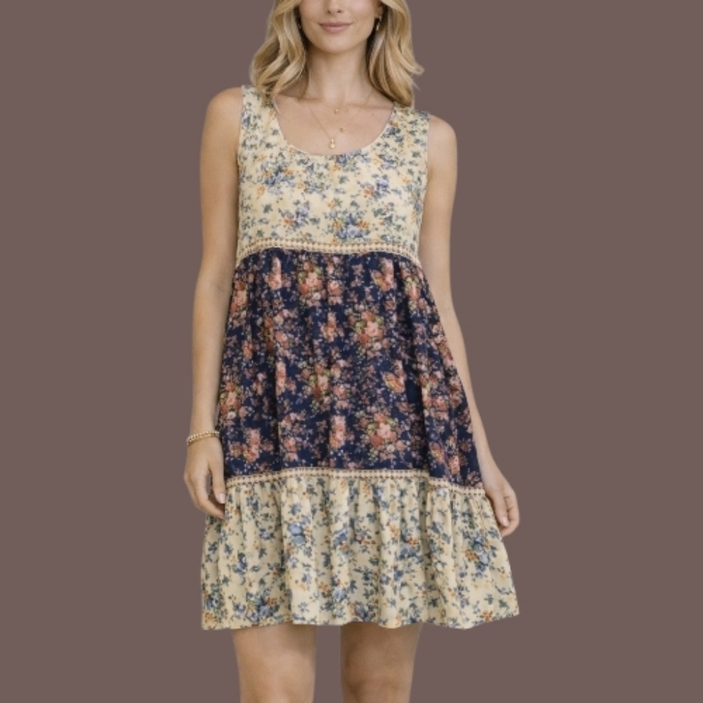 EASEL Floral Rose Colorblock Sleeveless Peasant Swing Festival Babydoll Dress